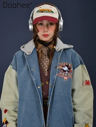 American Retro Denim Stitching Baseball Jacket Women 2024 Spring and Autumn Fashion Brand Hooded Oversized Couple Jacket