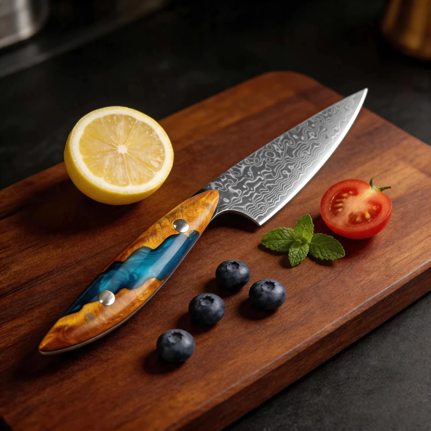 XITUO High-hardness Japanese Damascus Peeler – Household Kitchen Fruit Knife with an Exquisite Resin-stabilised Wooden Handle