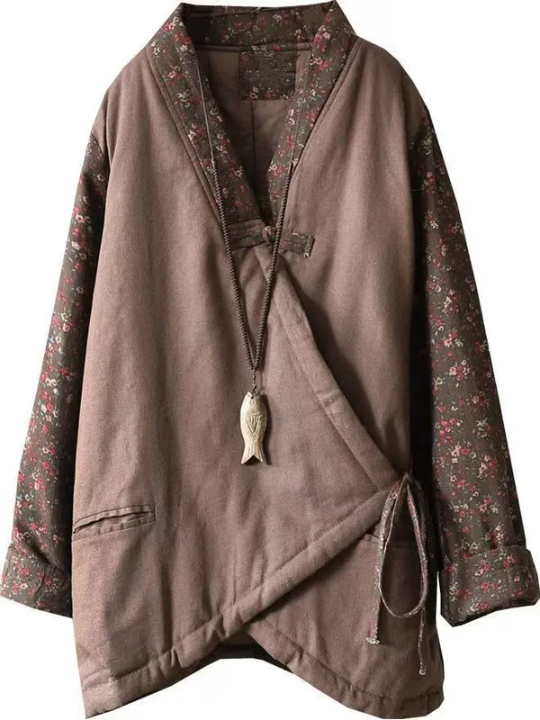 Retro Thiened Cotton Jaet Women's Warmth Outerwear New Chinese Sle V-Ne Long Sve Regular Fit Winter Coat