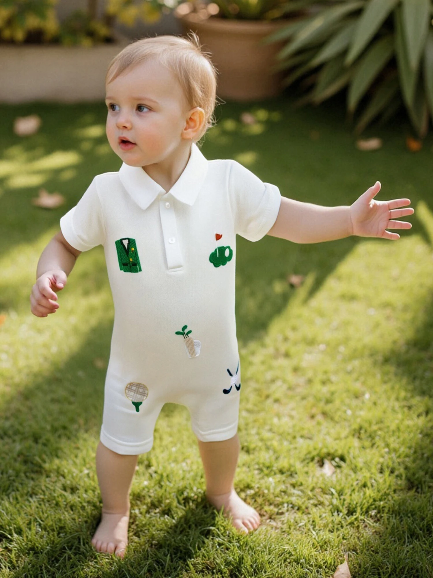

Infant Boys Tennis Embroidery Short Sleeve Collared Button Up Casual Romper for Playdates and Outings