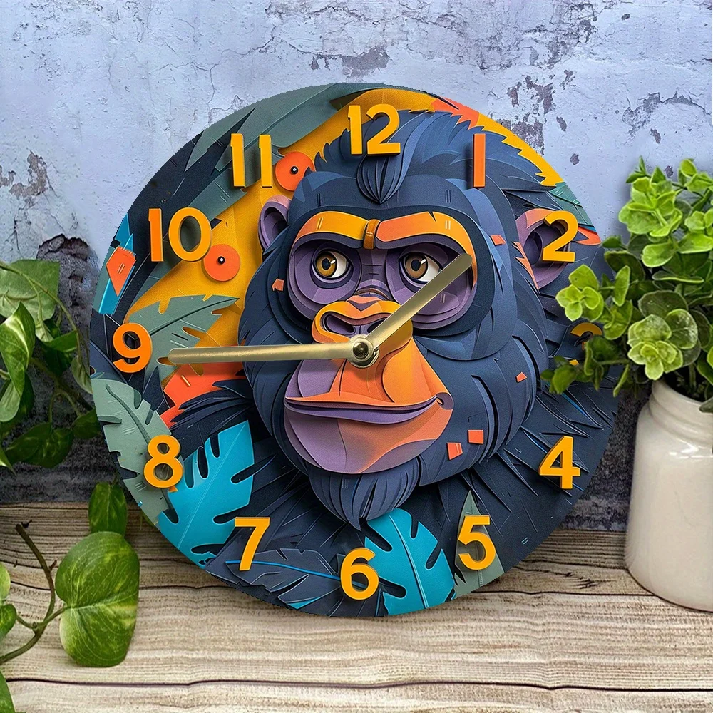 DIY Silent Wall Clock Kit with Sets, High-Definition Gorilla Theme, 2D Effects, Animal Motif Home Decor for Summer Entrance