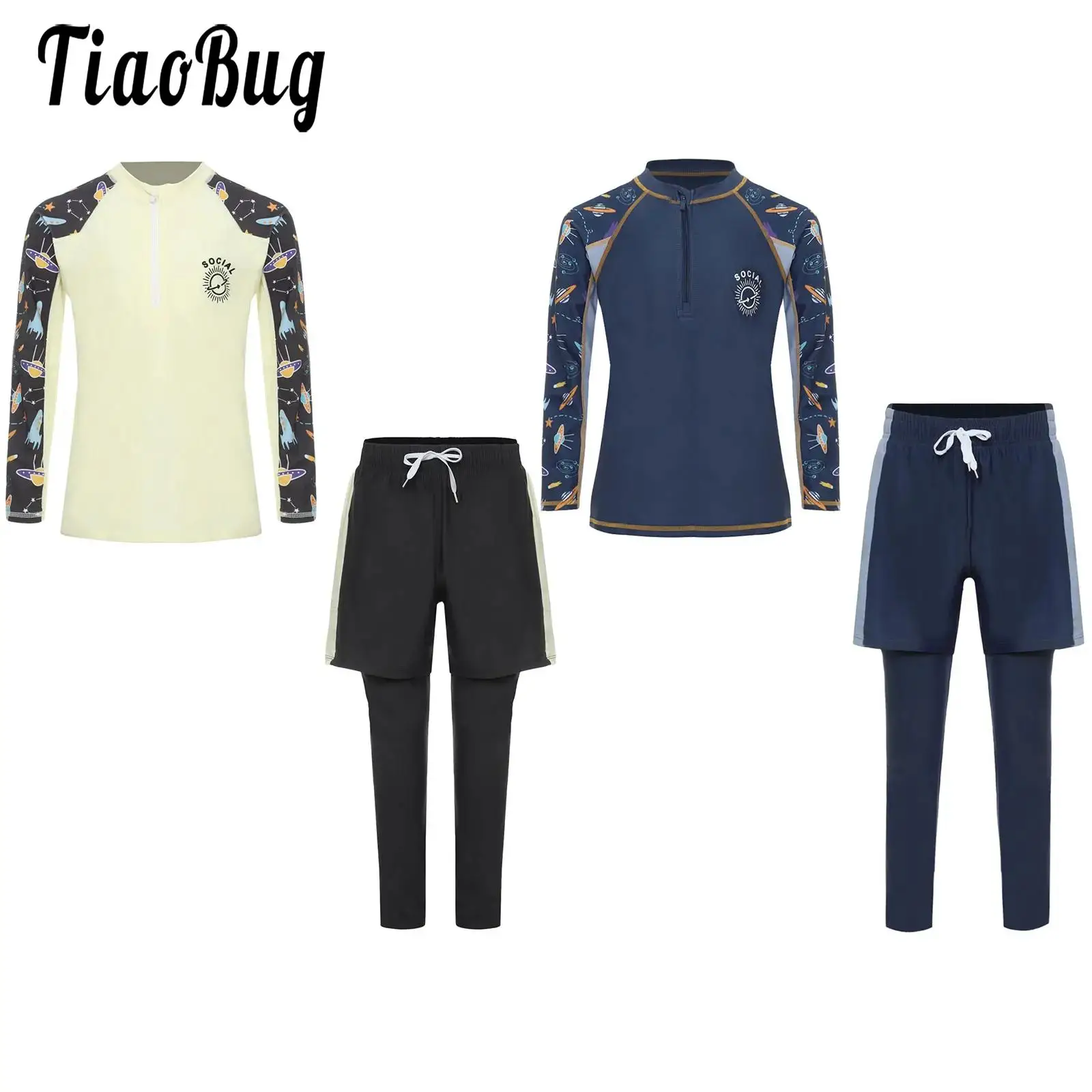 

Boys Two Pieces Swimsuit Surfing Rash Guard Suit Long Sleeve Shirts with Double Layers Swim Pants Color Contrast Bathing Suit
