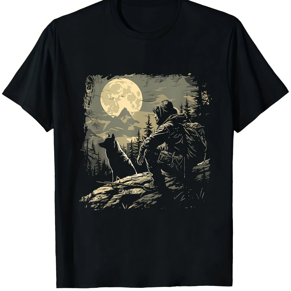 Herren Heavyweight Bushcraft Camper T-Shirt Schwarz Outdoor-Abenteuer Grafik-T-Shirt Mondbeleuchteter Wald Heulender Wolf Camper-Design