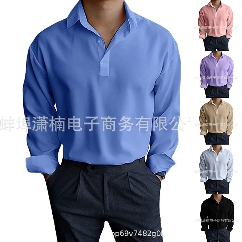 Spring And Autumn Lapel Solid Color New Pullover Lapel Shirt Men's Long Sleeve Shirt Top