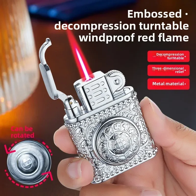 Creative Decompression Turntable Red Flame Windproof Lighter Press Straight 3D Relief Cigarette Lighter Men's Gift Wholesale