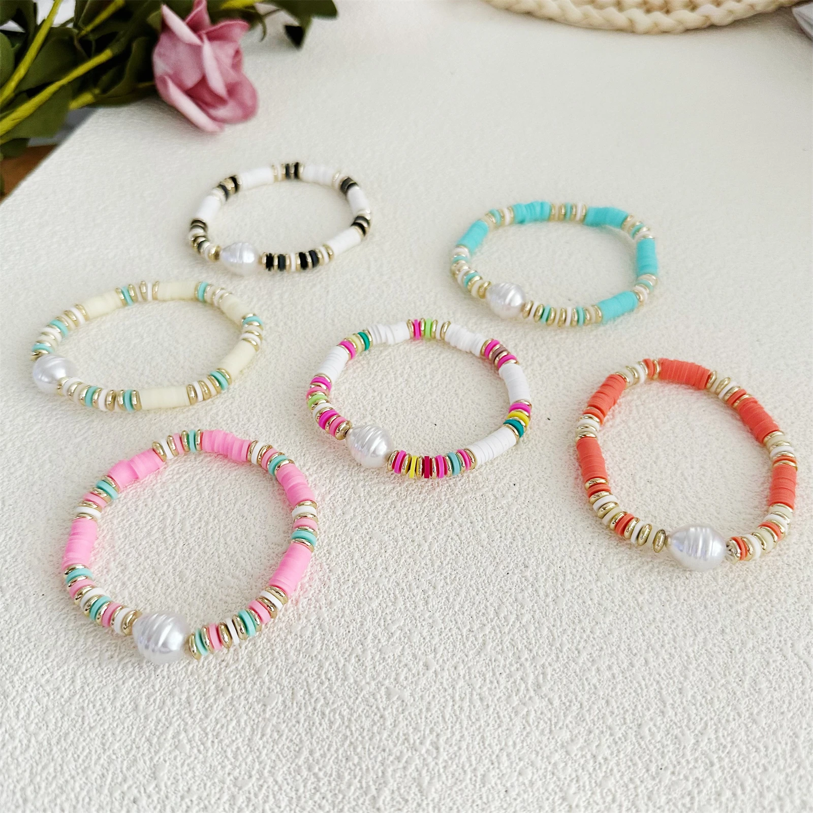 6PCS/Set Clay Bead Bracelets for Teens Girls Preppy Cute Bracelets Jewelry Colorful Evil Eye Polymer Pearl Bead Stretch Bracelet