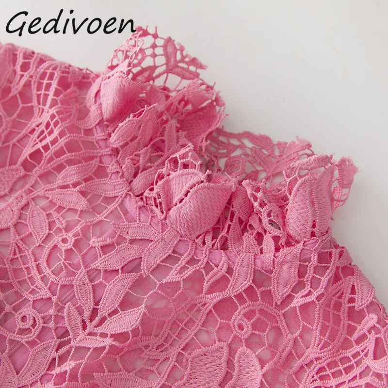 Gedivoen Summer Fashion Runway Elegant Pink Cake Dress Women O-Neck Embroidery Hollow Out Ruffles Splicing High Waist Long Dress