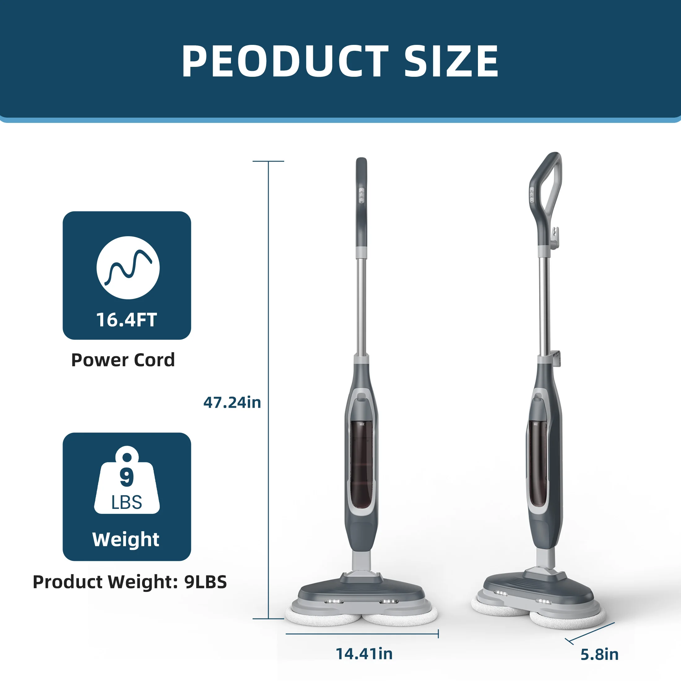 JHK Spin Scrubbing Steam Mop All-in-One Floor Steamer 4 Adjustable Steam Modes 2 LED Lights Swivel Steering 16.4FT Cord for Hardwood Tile