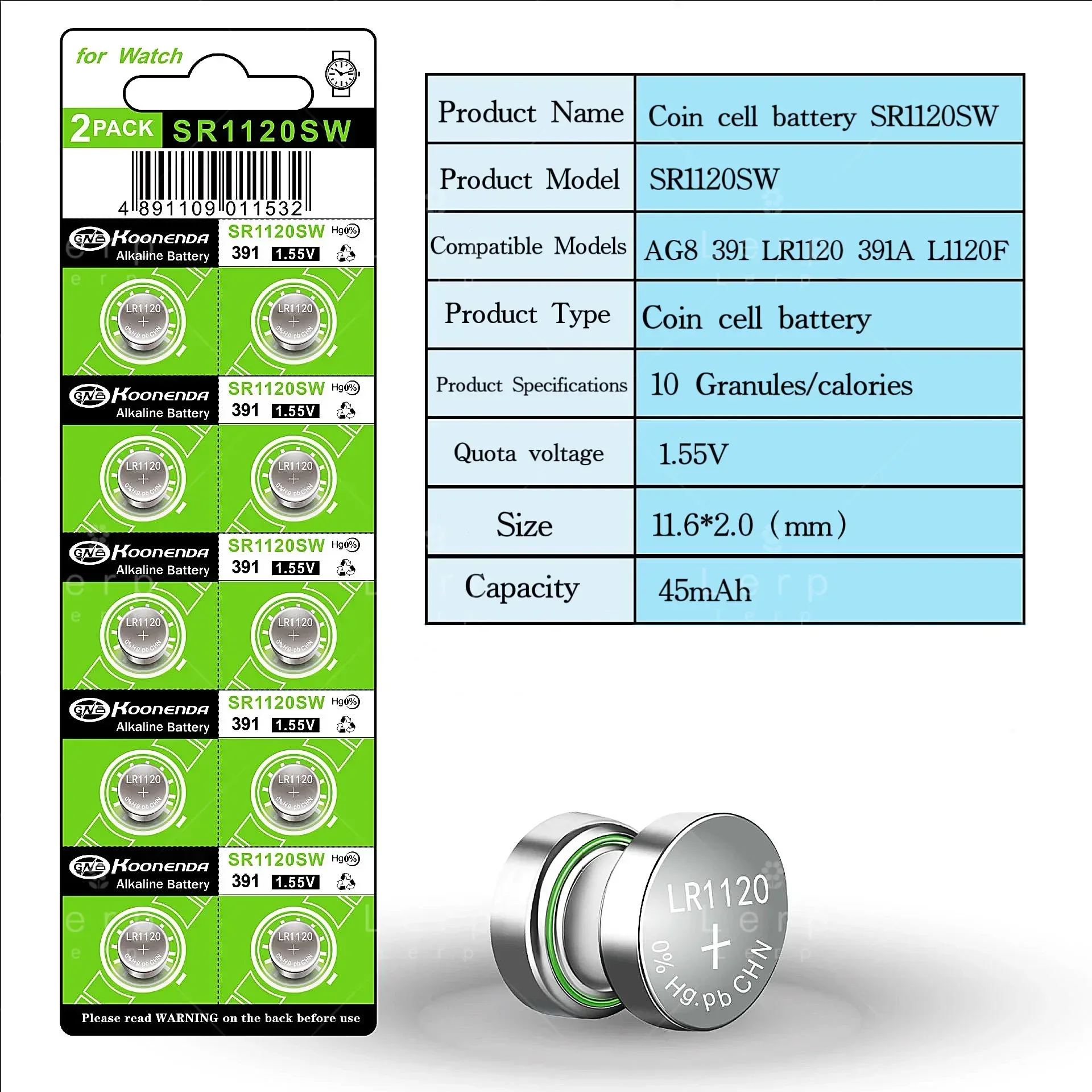 Lr1120 Ag 8 Elektronica Knoopcel 391a Cel Sr1120sw Knoopcel 1.55V, Compatibel Model: Ag8 391 391a Lr1120 L1120f Sr1120sw