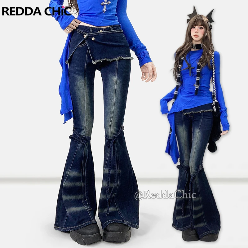 

REDDACHiC Women Whiskers Flare Jeans with Cover Up Retro Blue Tight Stretchy Low Waist Bow Bootcut Pants Street Y2k Bell Bottoms