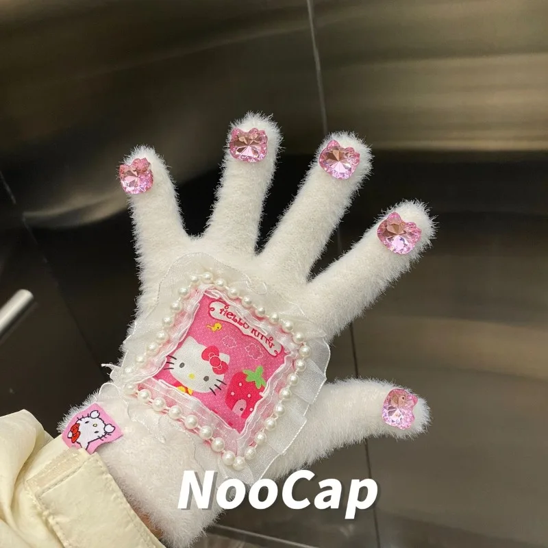 

Hello Kitty cute kawaii rhinestone plush gloves lace fingered cute niche y2k warm female Kitty doll student anime fashion gloves