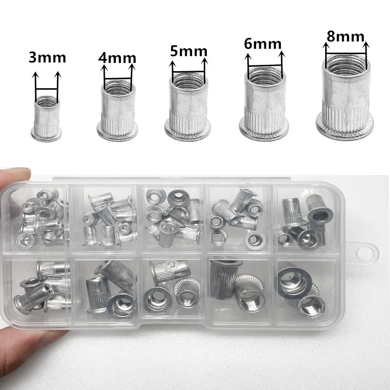110Pcs Riveted Nuts, Aluminum Flat Thread Nut Assembly Kit, Suitable For Automotive, Furniture, Industrial Products