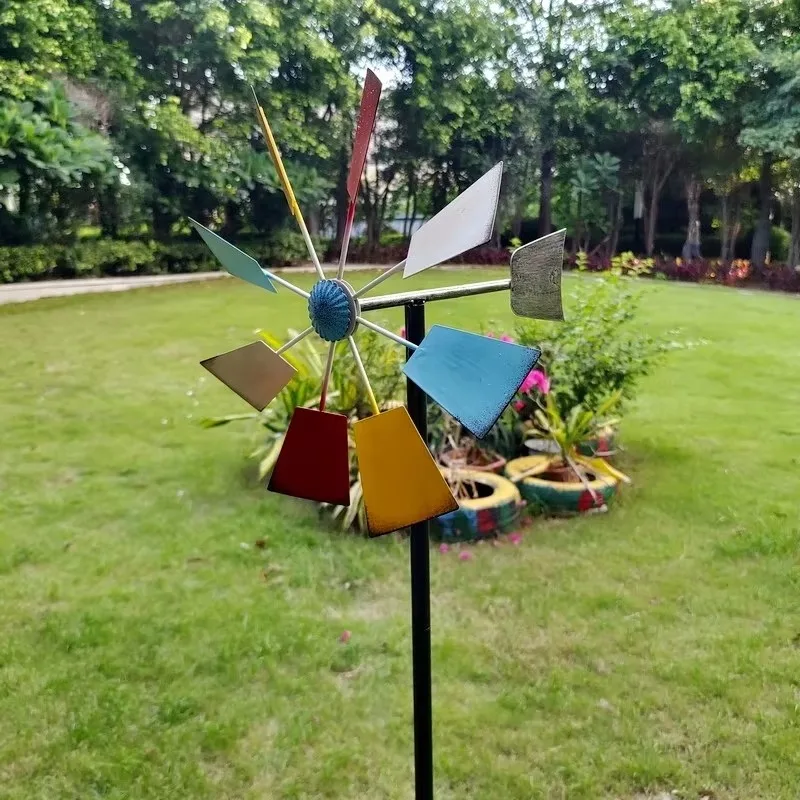 Multicolor Geometric Blade Metal Wind Spinner Stake Ornament Outdoor Lawn Garden Wind Driven Craft Decor Multi Angle Irregular