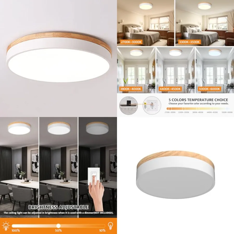 Dimmable Wood LED Flush Mount Ceiling Light, 5CCT 2700K-6000K Modern Round Close to Ceiling Lighting Fixtures, Minimalist White