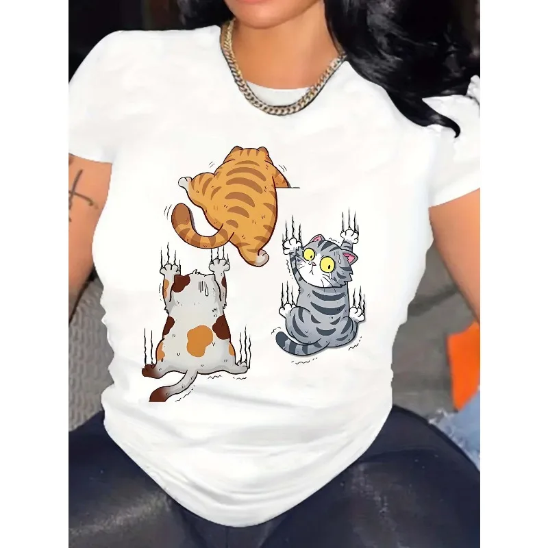 لطيف القط طباعة طاقم الرقبة تي شيرت رياضي قصير الأكمام تشغيل عادية القطن المرأة موضة الشارع الشهير Y2K Harajuku تي شيرت كامل