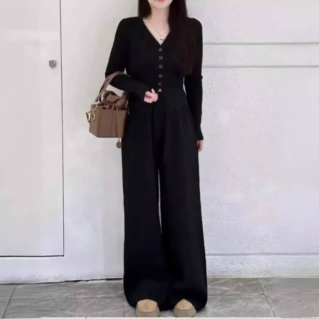 Winter 2024 New Loose Knit Cardigan Trouser Two-piece Set Tracksuit Sweater Crop Tops + High Waisted Pants Suit Outfit for Women