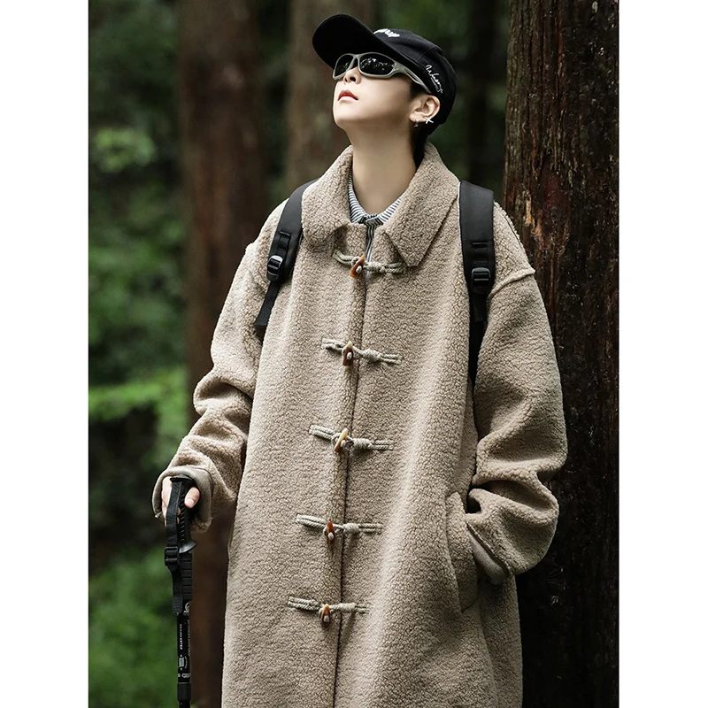 

Lamb Fur Jaet Men's Mid-Length Thiened Warm Cotton Coat Loose Winter Faion Casual Sle Button Closure Pure Color