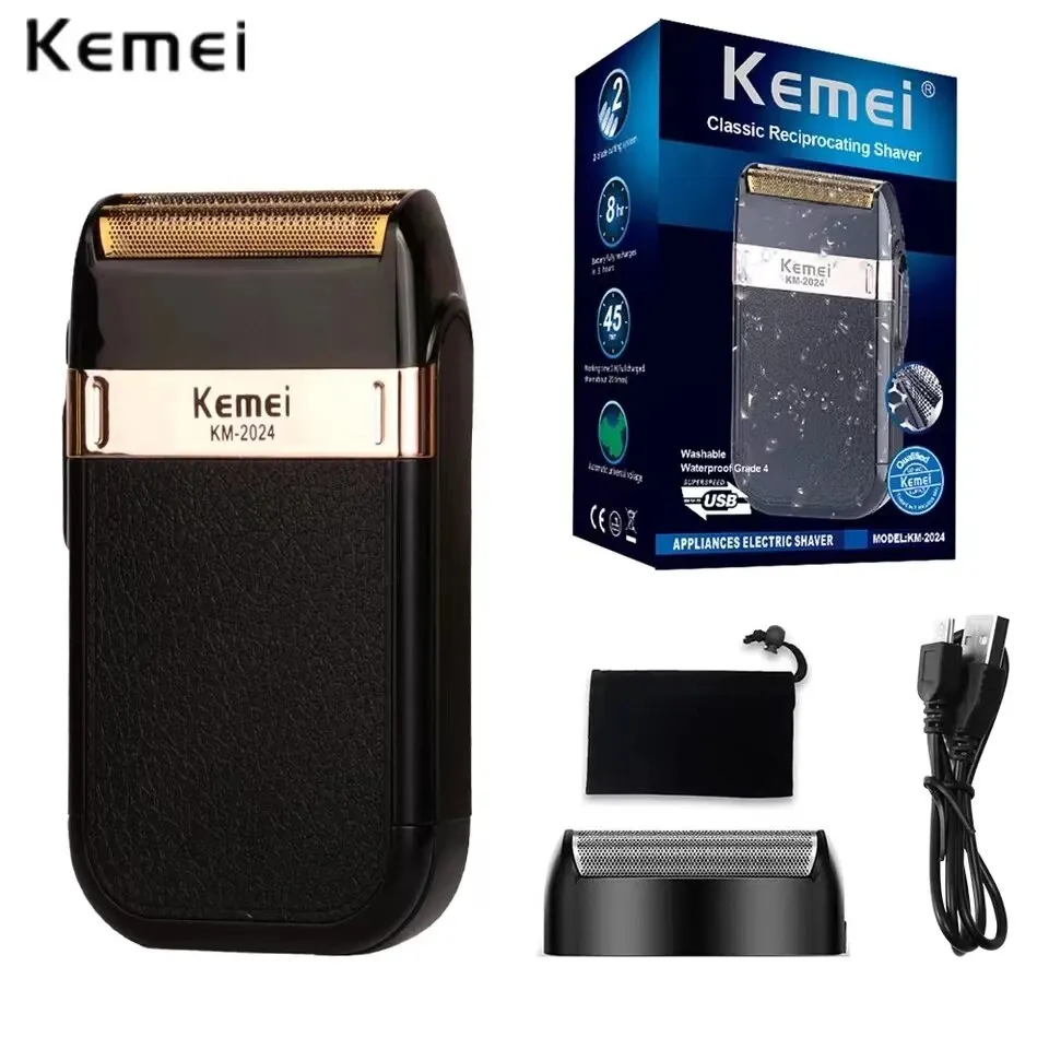 Kemei KM-2024 Electric Shaver Professional USB Rechargeable Men's Electric Shaver Leather Shell Waterproof Beard Trimmer Shaver