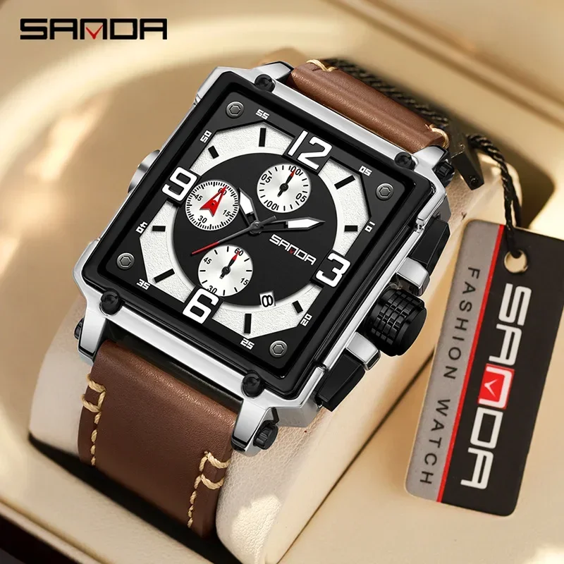 

Sanda 5304 Cool Design Soft Leather Strap Waterproof Quartz Movement Rectangle Dial Business Men Chronograph Wrist Watch