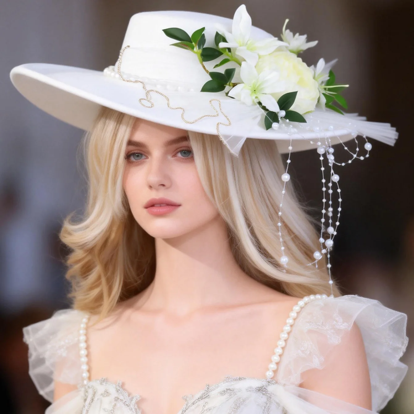 White Victorian Floral Hat with Peony Tulle & Hanging Pearls Bridal Lolita Decorative Fascinator Hat