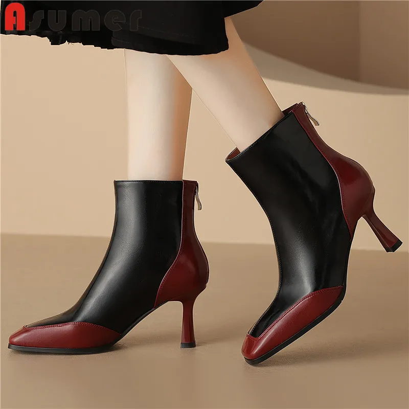 

ASUMER 2024 New Mixed Colors Genuine Leather Ankle Boots Zipper Thin High Heels Shoes Ladies Square Toe Autumn Boots