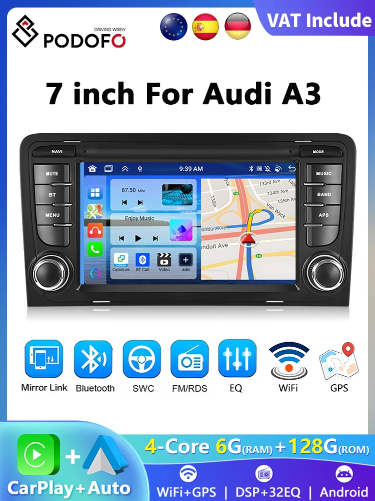Podofo 7 "HD Touchscreen Autoradio Draadloze CarPlay Android Radio Voor Audi A3 Multimedia GPS FM WIFI Bluetooth Auto Intelligente - afbeelding 2