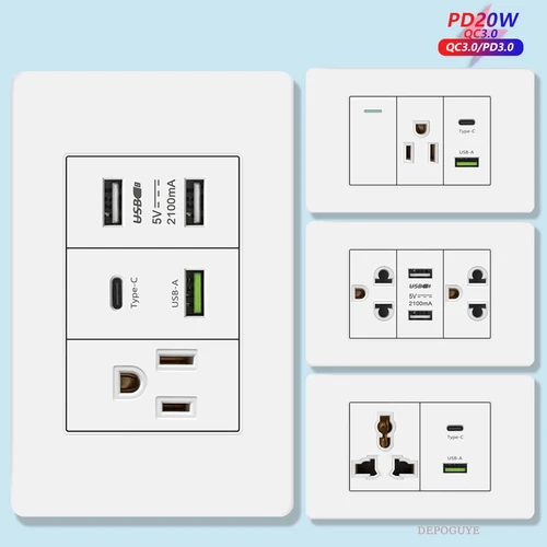 Imagen 2 del producto Blanco PC EE. UU. USB tipo c 20W toma de corriente de pared de carga rápida, enchufe USB Dual tailandés mecánico, Panel de interruptor eléctrico de luz para el hogar