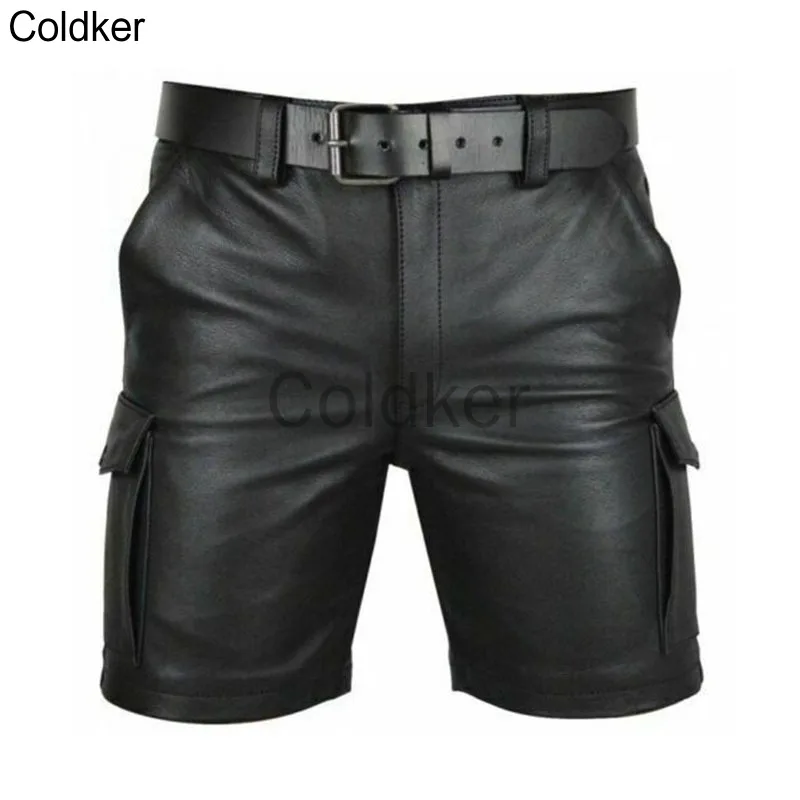 Summer Streetwear Trend Men PU Faux Leather Shorts with Pockets Nightclub Wear Casual Fashion Shorts Medieval Punk Costumes 5XL