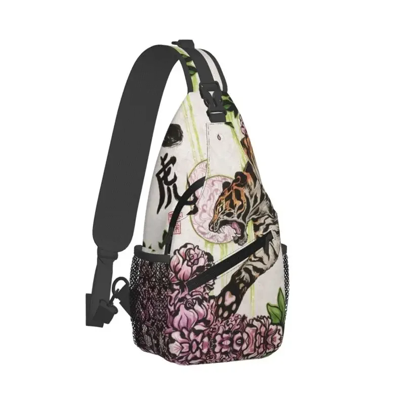 Custom Casual Tiger Flowers Sling Bag for Cycling Camping Wild Animal King Crossbody Chest Backpack Shoulder Daypack