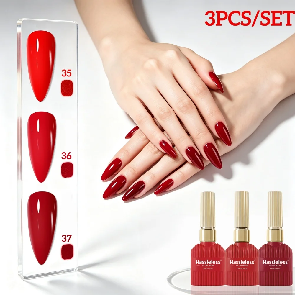 Hassleless Rich Bright Red Nail Polish Gel 3Pcs, Classic Red Solid Color Nail Polish Gel Set, Bright Red, Cherry Red Nail Polish Gel, High Gloss True Red Manicure Set, Holiday Essential DIY Nail Art Supplies