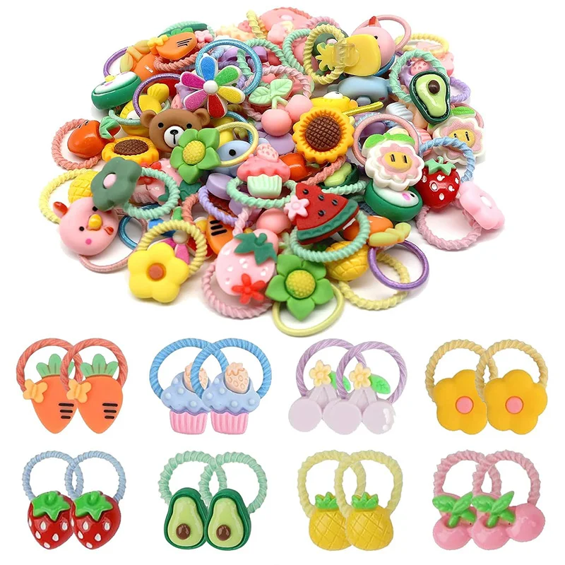 30-Pack Assorted Kids Threaded Hair Bands - 2cm Cartoon Fruit/Animal/Flower Hair Ties, Elastic Rubber & Soft Resin, Non-Slip - Image 2