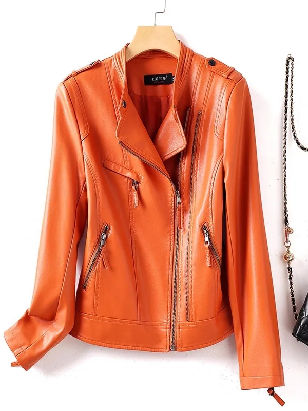   Giacca da moto da donna in vera pelle di pecora, nera, con collo alto, nuova collezione autunno 2025