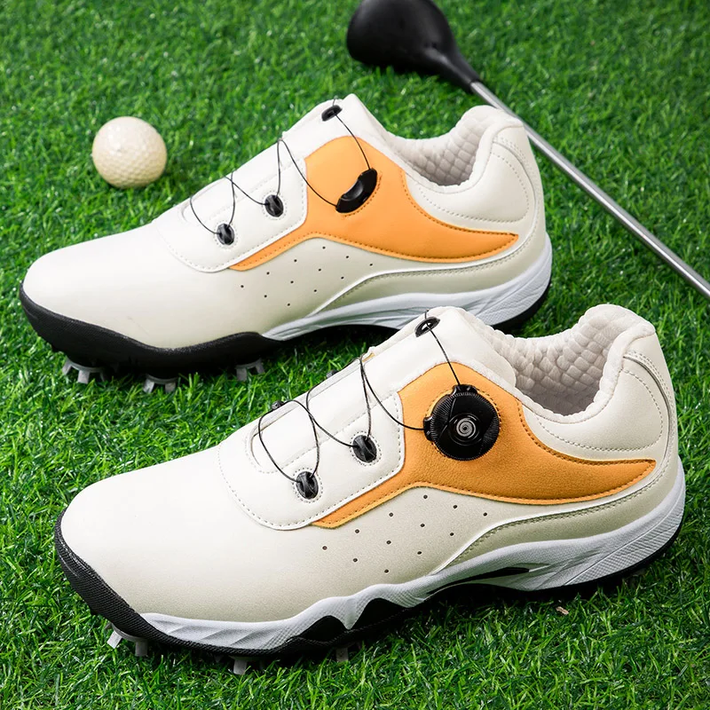 

Professional Couples Golf Sport Shoes Yellow Men Golf Training Sneakers with Spikes Women Quick Lacing Golfing Practice Shoes