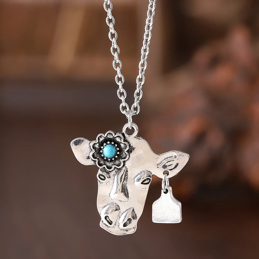 diy-accessories-cross-border-new-bohemian-inlaid-turquoise-cow-head-necklace-amazon-hot-selling-niche-retro-necklace