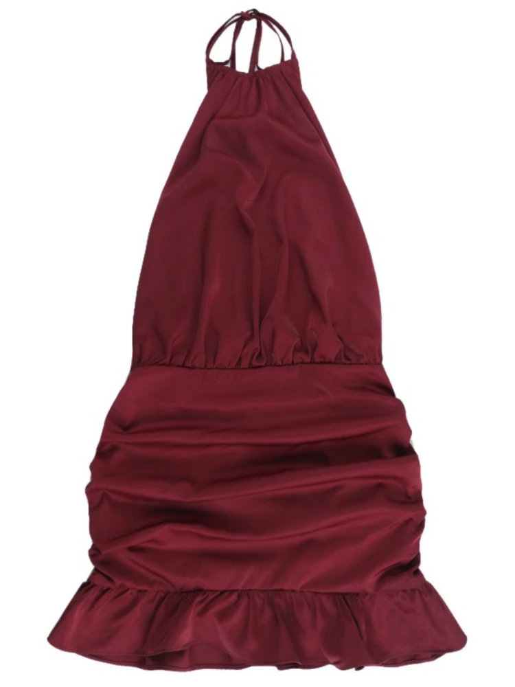 SsTss 新作サマーサテンワンピース 無地 タイアップ ホルターネック オフショルダー バックレス ラッフルヘム ミニスリップドレス Y2K ホットガール ナイトアウトドレス