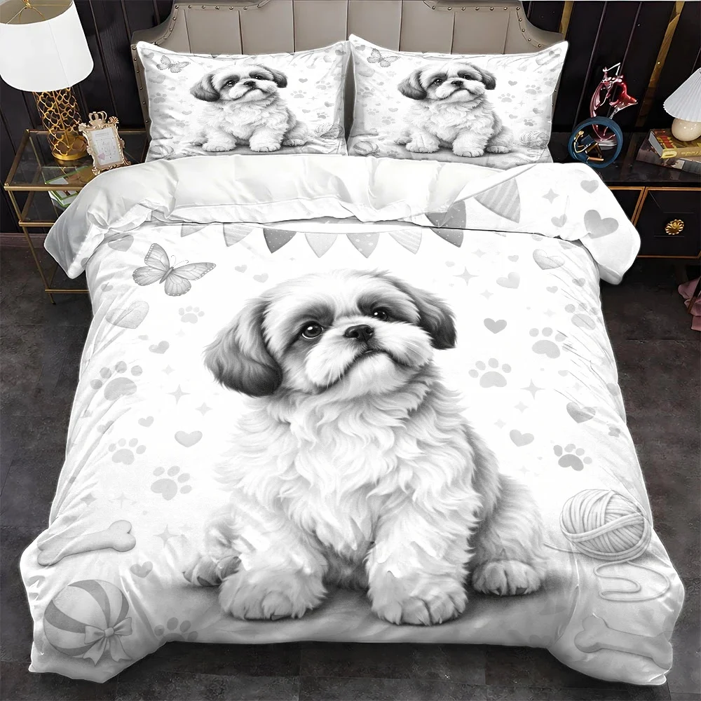 3Pc Cute Shih Tzu Dog Duvet Cover Set, Three-Piece Bedding Set (1*Duvet Cover + 2*Pillowcases), Suitable for All Seasons, Machine Washable, Hidden Zipper Design, Suitable for Home, Dorm, Master Bedroom, Guest Room, Large Personal Bedspread Bedding Set, Includes Yarn Ball and Bone Toy Elements, Fresh Black and White Cartoon Dog Bedding, Soft and Skin-Friendly Comfortable Sleep Set, Cross-Border Hot Selling Bedroom Decor Bedding, 2D Flat Print
