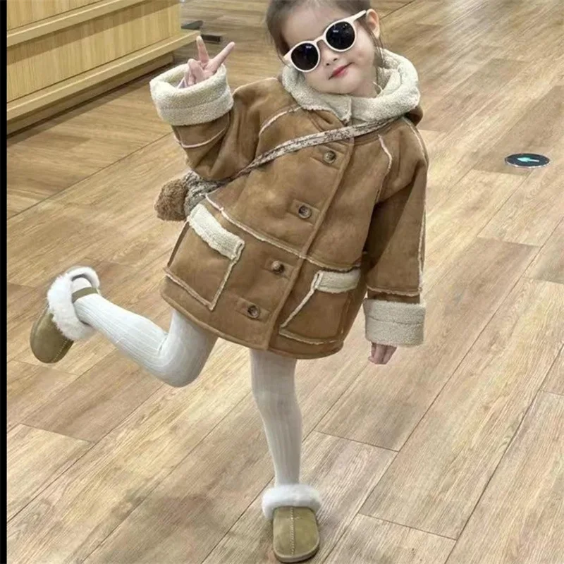 Girl Coat Autumn Winter New Children Clothing Baby Thickening Floral Collar Tide Open Stitch 2026 Turn Down Collar Printing