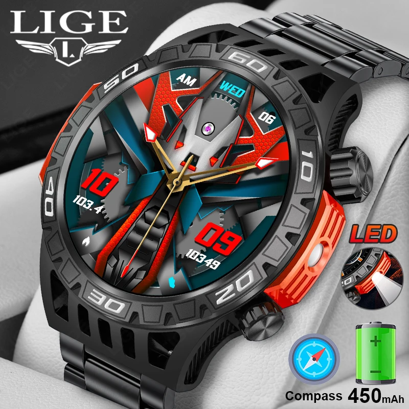 

LIGE Compass LED Torch Smart Watch 450 mAh Battery Heart Rate Blood Pressure Health Monitoring Watches Bluetooth Call Smartwatch