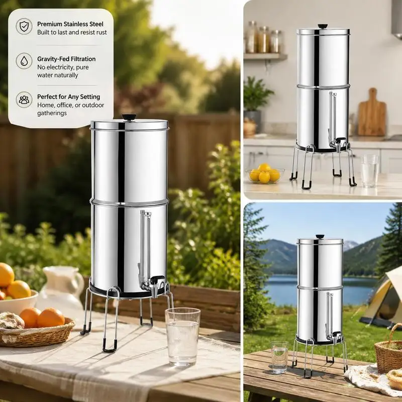 Système de filtration d'eau par gravité, système de filtration d'eau en acier inoxydable pour comptoir, système de filtration d'eau 7,8+8,5L, réduit le plomb et jusqu'à 99% du chlore, avec 2 filtres en céramique et carbone et robinet, camping, camping-car