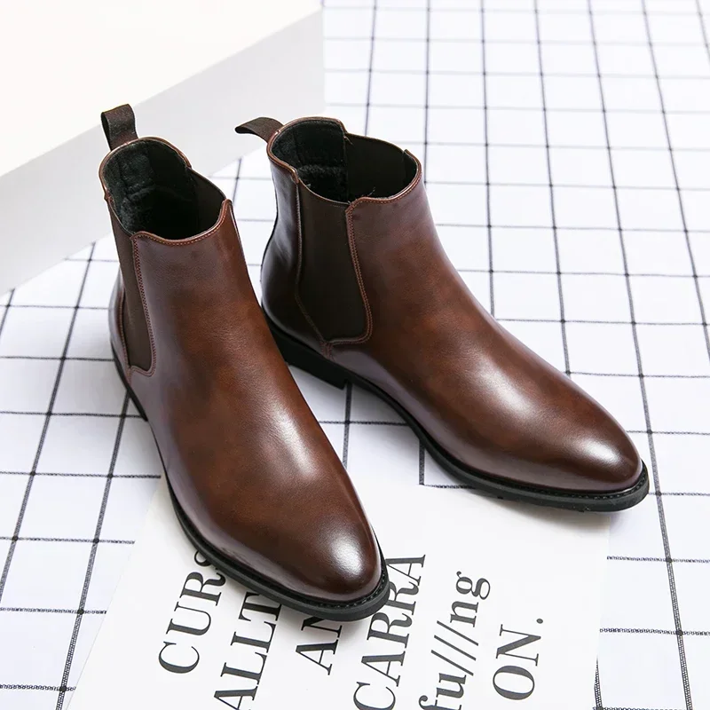 Brand Italy Dress Boots Men Slip-On Handmade Brown Designer Leather Business Chelsea Dress Office Boots for Men Large Size 38-48