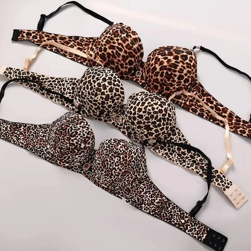 New 2025 Leopard Print Upper Thin Lower Thick Bra Set Sexy Push-Up Bra Set - Image 3
