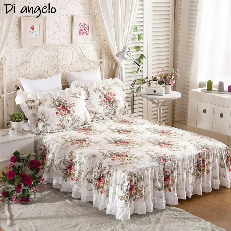 French Style Printing Cotton Little Bed Skirt Lace Bed Skirt Pillowcase Mattress Cover Double Queen Home Textile Multi Size #sw