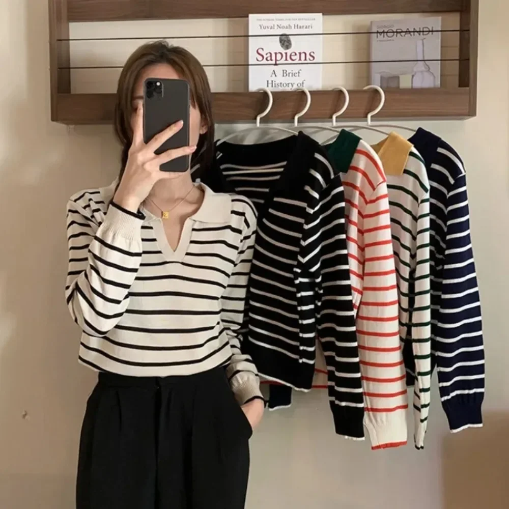 Korean Simple Loose Striped Long Sleeved Knit Polo Shirt Women's Lapel Panelled Patchwork Design Sense Slim Versatile V-neck Top