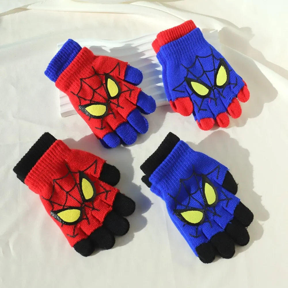 Marvel Spider-Man Kids Gloves Winter Warm Knitted Half Finger Gloves Boys Cartoon Hero Mitten for 6-12 Years Old School Children