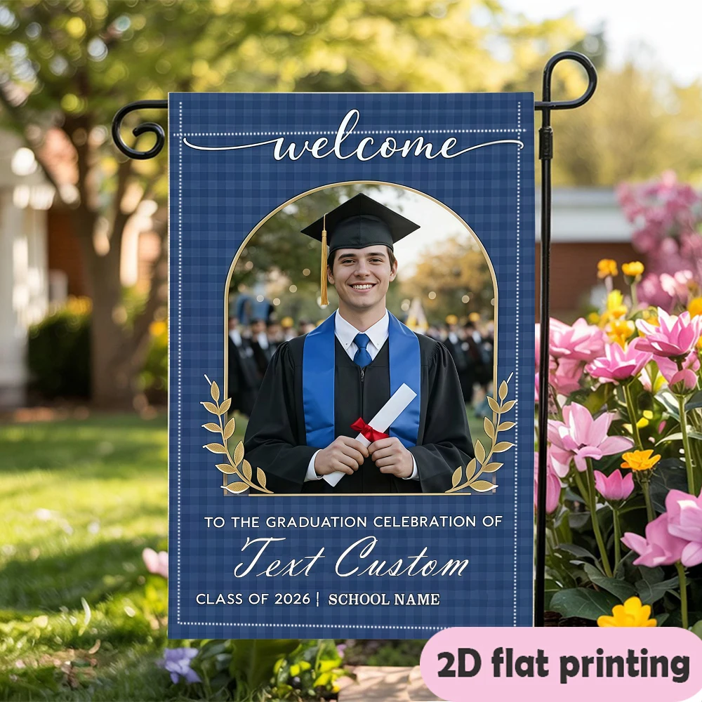 Garden flag custom Name Photo And School Name Blue Gold Arch Frame Gifts for Graduates Durable decoration garden flag decoration
