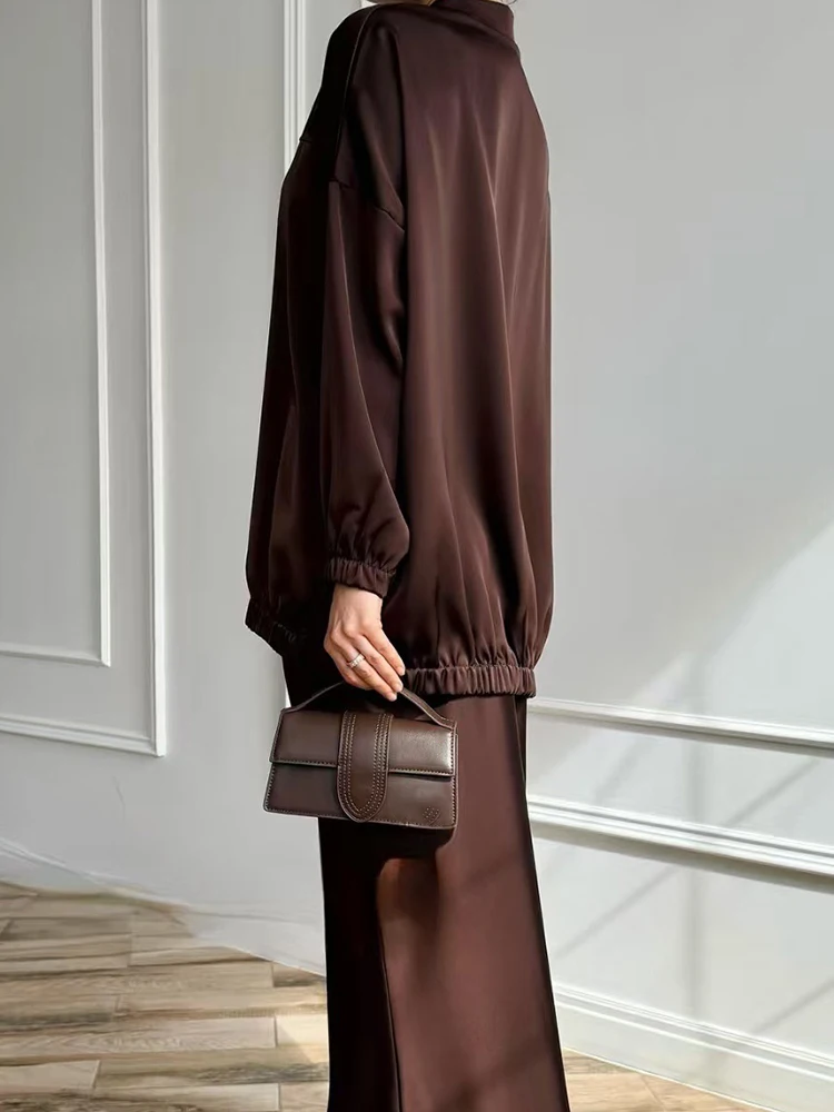 우아한 여성용 솔리드 슬림 투피스 세트 패션 하이웨이스트 스커트 세트 캐주얼 스탠드 칼라 긴팔 지퍼 코트&하프 스커트 세트