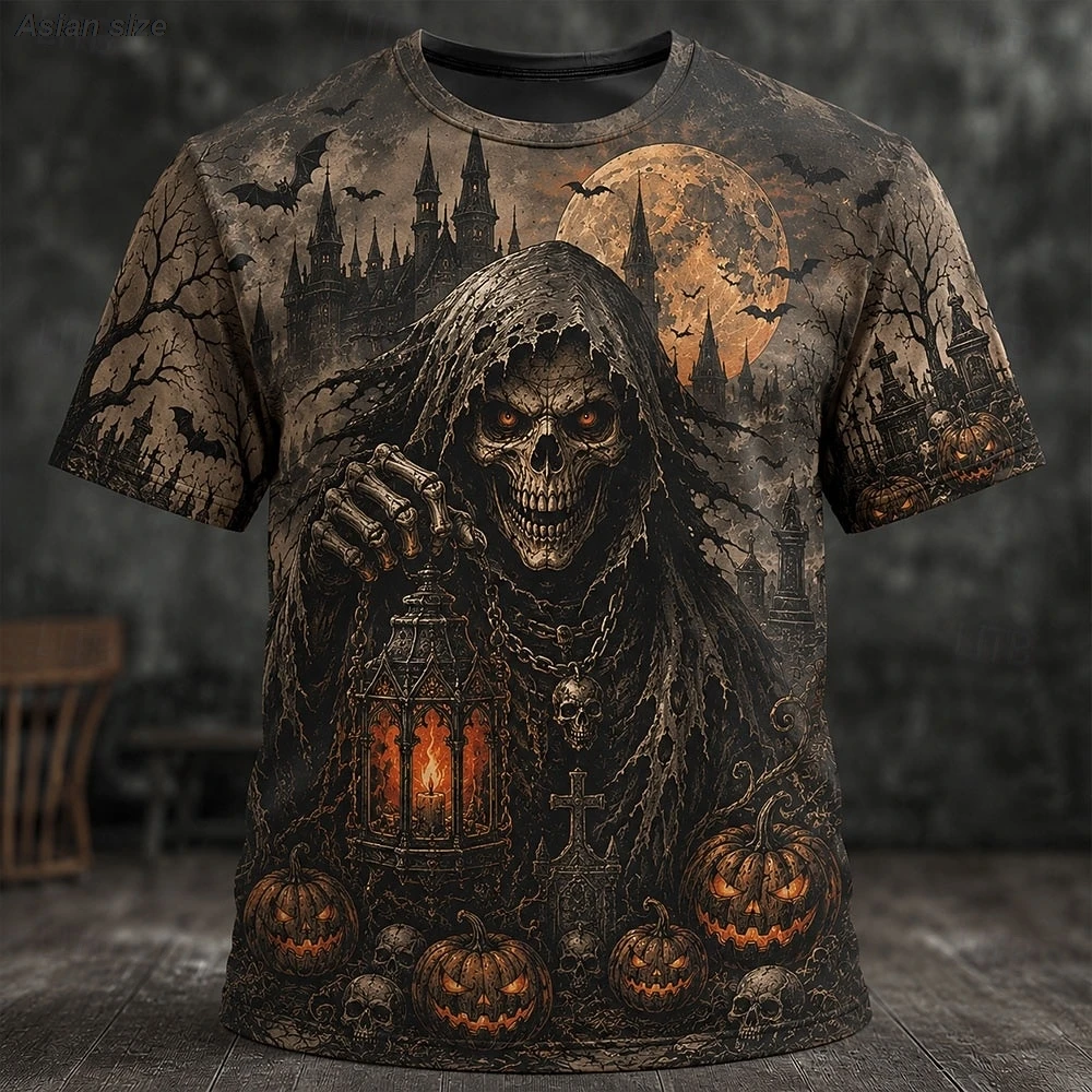 Halloween Men's Skull Optical Illusion T Shirt Short Sleeve T shirt 3D Print Crew Neck Shirt  Street clothing