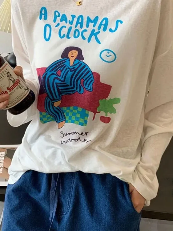 

Simple Cotton Me Thin Long Sve T-irt Women's Summer New Cartoon Print Loose Versatile Cover up Top Commute Sle