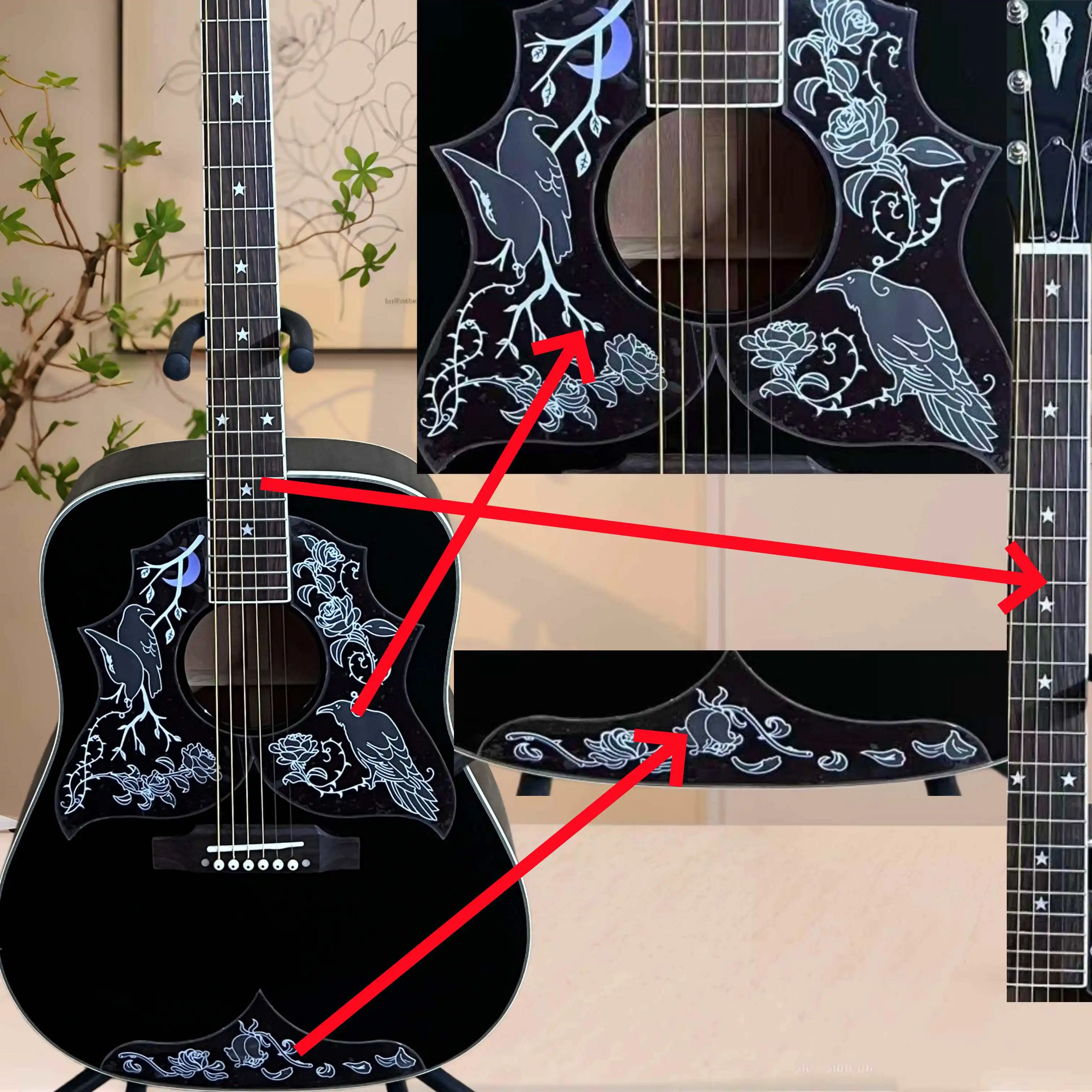 New Black Acoustic Guitar with Crow Pattern Guard Board, Spruce Top Mahogany Back Side Panel Suitable for Recording Engineers