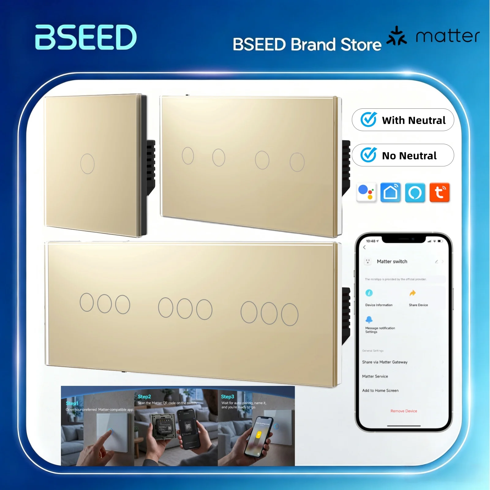 BSEED 1/2/3-Gang Matter WIFI Touch-Schalter Intelligenter Lichtschalter Kompatibel mit Apple Home Tuya APP Google Assistant Alexa Sprachsteuerung